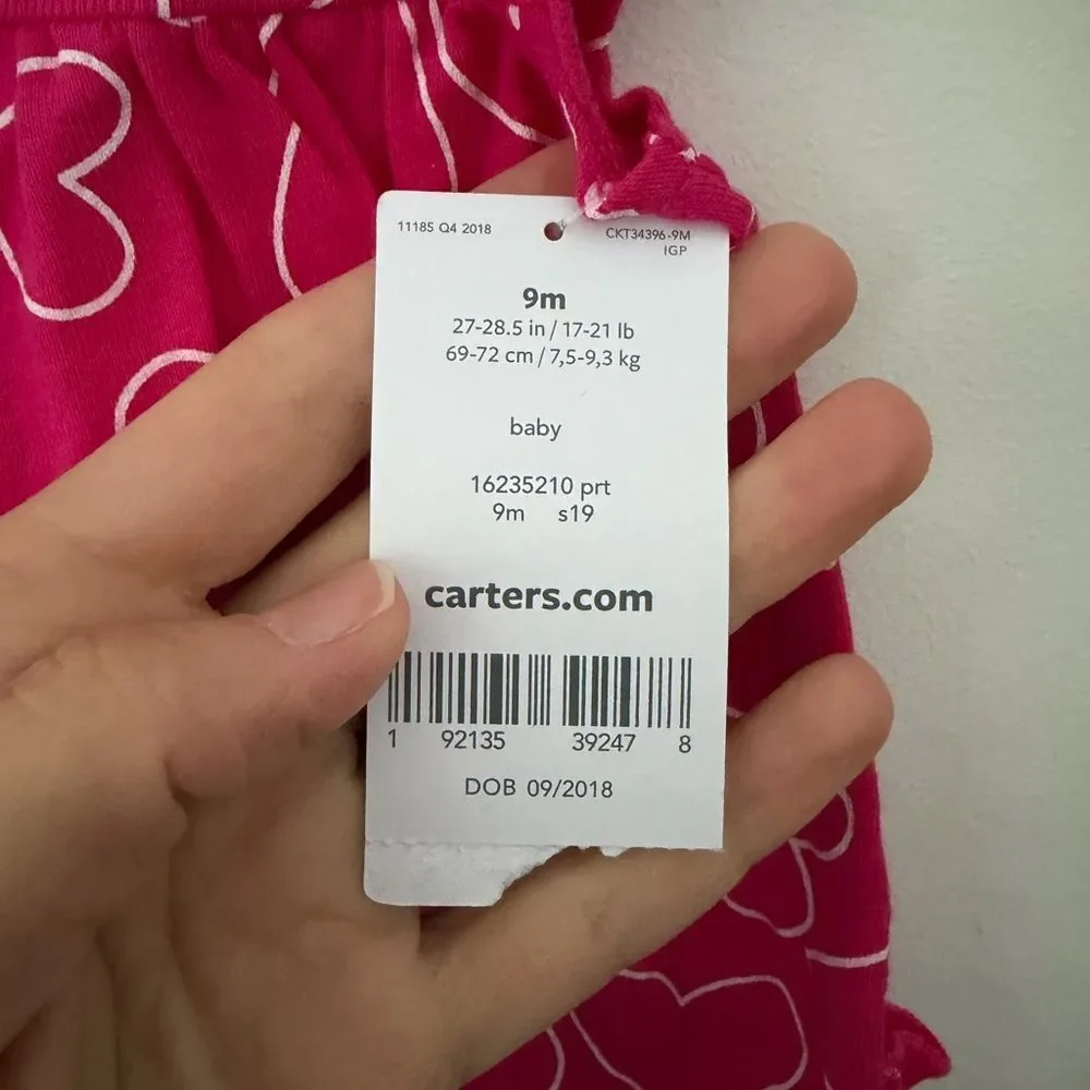 Carter's Pink Heart Matching rompers size 9M new with tags